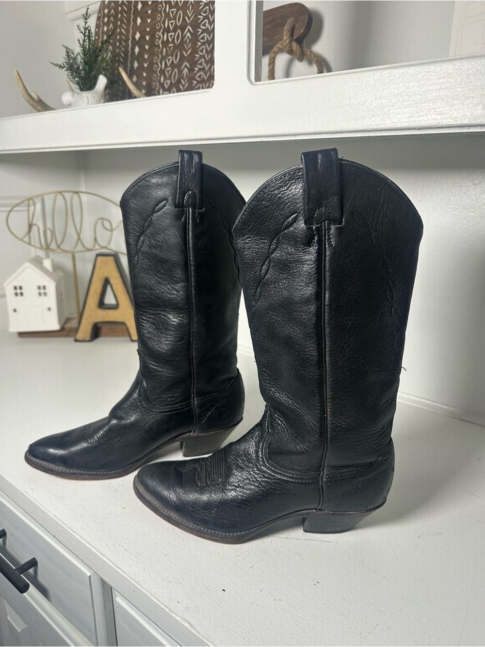 Black Leather Heeled Cowboy Boots - Classic Western Style